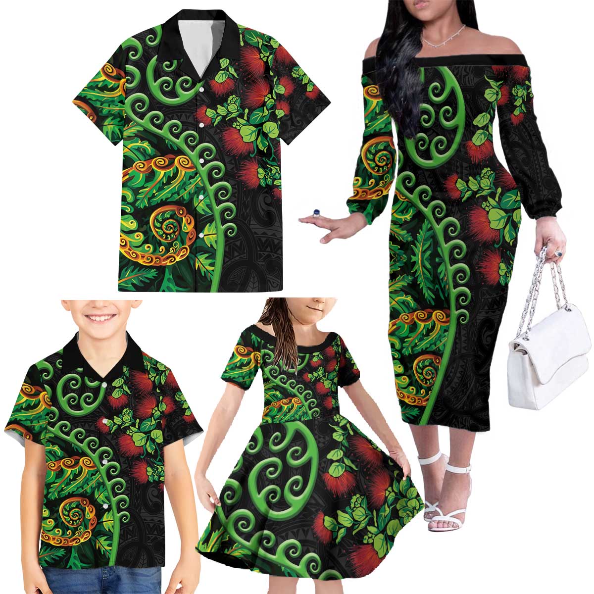 New Zealand Koru Plants and Pohutukawa Family Matching Off The Shoulder Long Sleeve Dress and Hawaiian Shirt Maori Tattoo Pattern