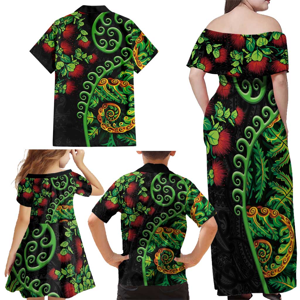 New Zealand Koru Plants and Pohutukawa Family Matching Off Shoulder Maxi Dress and Hawaiian Shirt Maori Tattoo Pattern