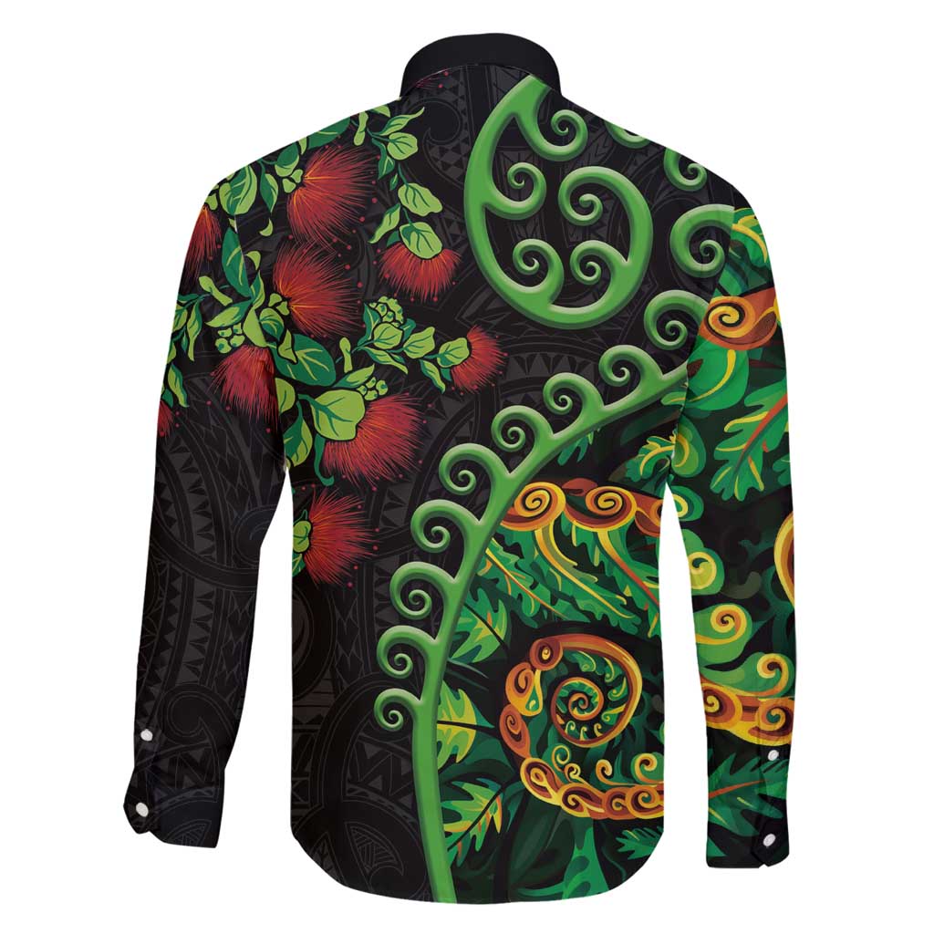 New Zealand Koru Plants and Pohutukawa Family Matching Off Shoulder Maxi Dress and Hawaiian Shirt Maori Tattoo Pattern