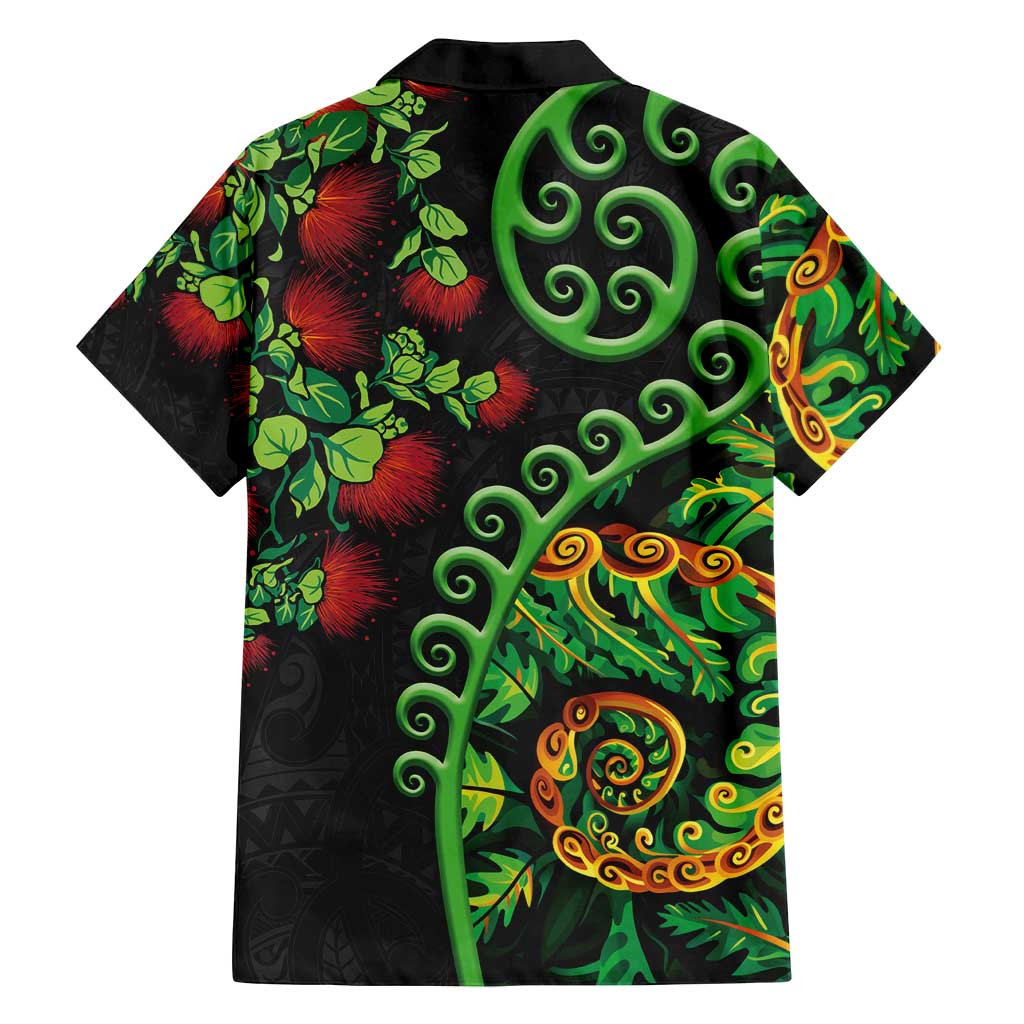 New Zealand Koru Plants and Pohutukawa Family Matching Off Shoulder Short Dress and Hawaiian Shirt Maori Tattoo Pattern