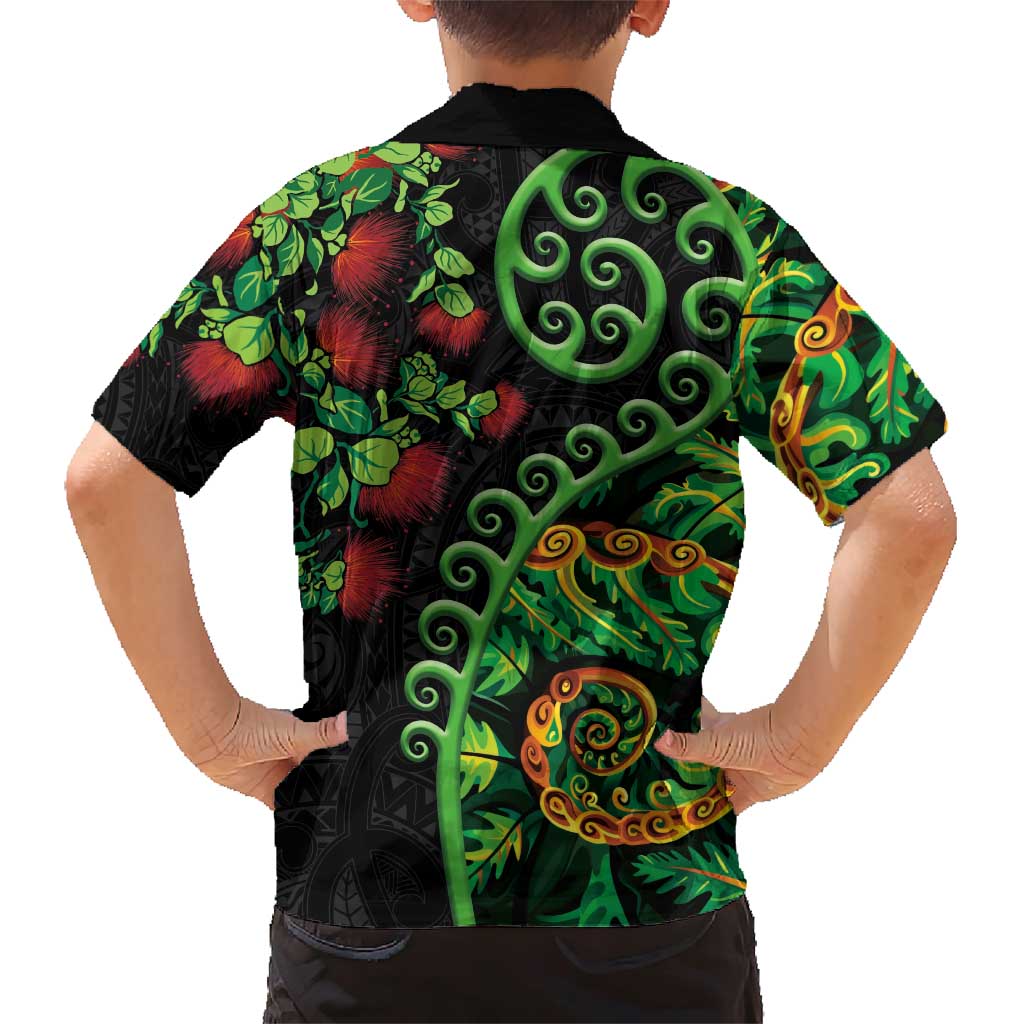 New Zealand Koru Plants and Pohutukawa Family Matching Short Sleeve Bodycon Dress and Hawaiian Shirt Maori Tattoo Pattern LT03 - Polynesian Pride