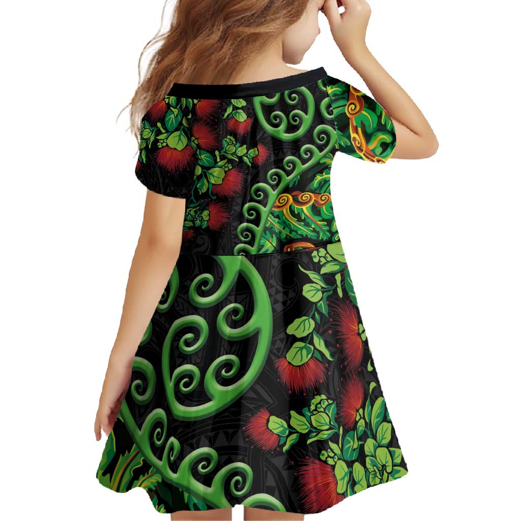 New Zealand Koru Plants and Pohutukawa Family Matching Short Sleeve Bodycon Dress and Hawaiian Shirt Maori Tattoo Pattern LT03 - Polynesian Pride