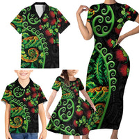 New Zealand Koru Plants and Pohutukawa Family Matching Short Sleeve Bodycon Dress and Hawaiian Shirt Maori Tattoo Pattern LT03 - Polynesian Pride