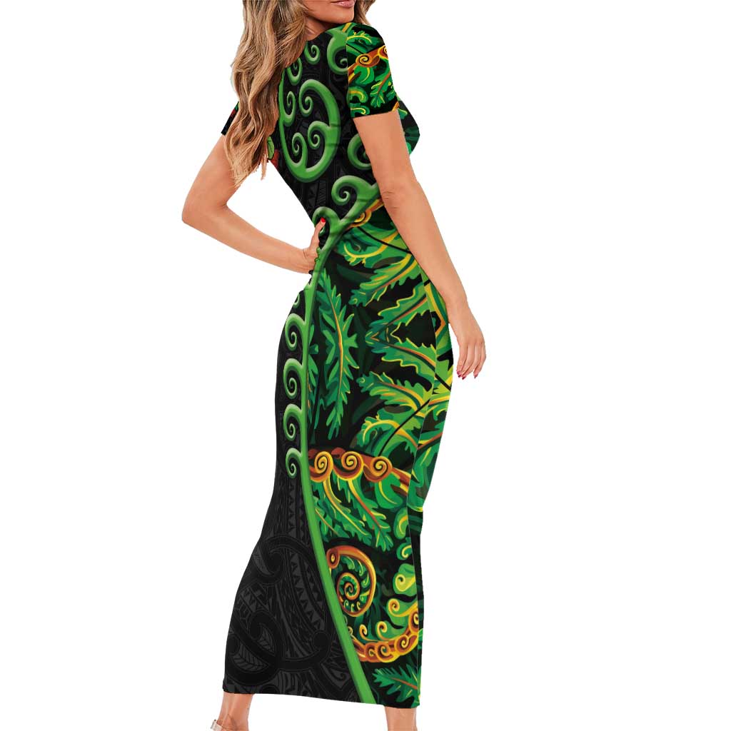 New Zealand Koru Plants and Pohutukawa Family Matching Short Sleeve Bodycon Dress and Hawaiian Shirt Maori Tattoo Pattern LT03 - Polynesian Pride