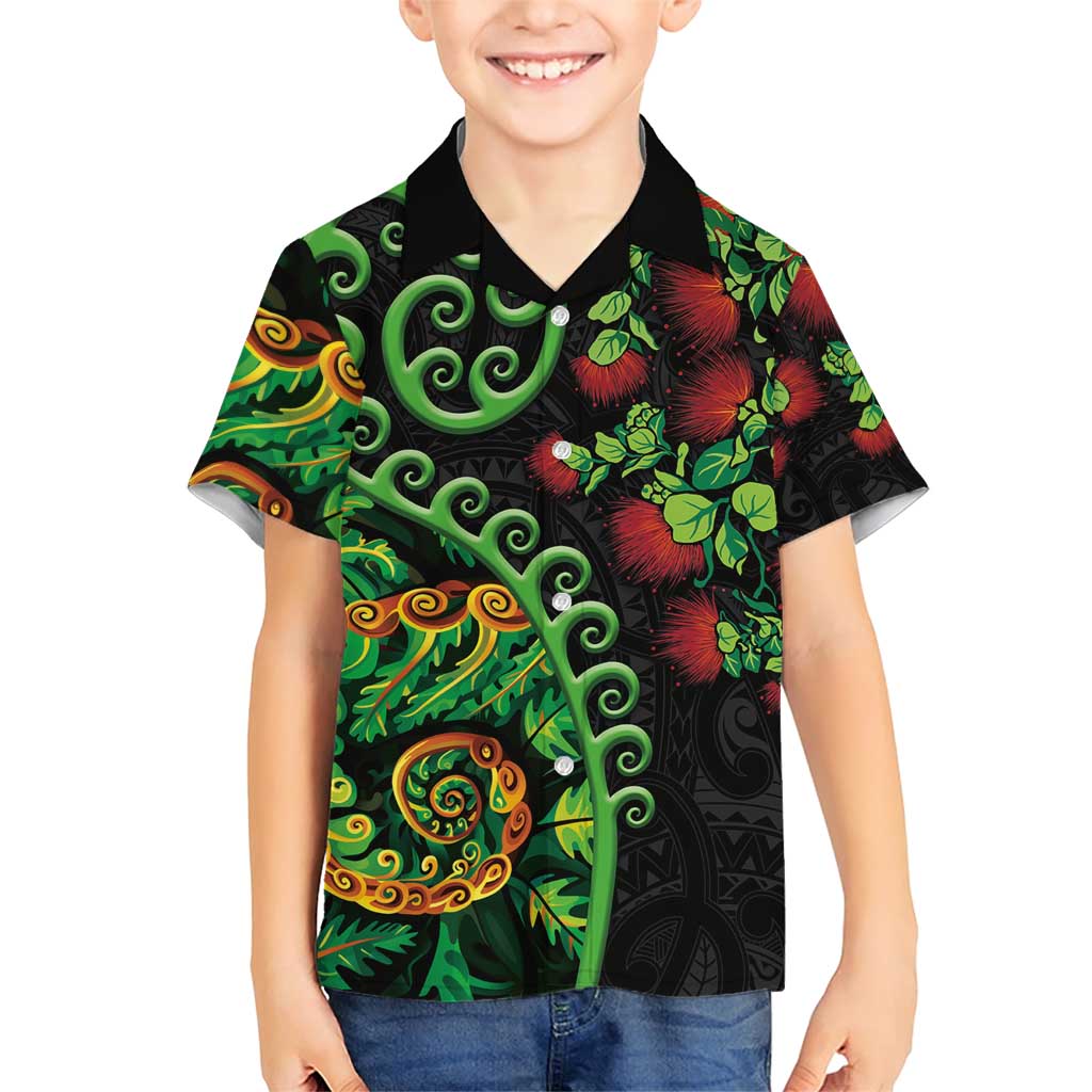 New Zealand Koru Plants and Pohutukawa Family Matching Short Sleeve Bodycon Dress and Hawaiian Shirt Maori Tattoo Pattern LT03 Son's Shirt Black - Polynesian Pride