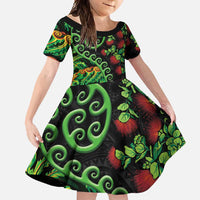New Zealand Koru Plants and Pohutukawa Family Matching Summer Maxi Dress and Hawaiian Shirt Maori Tattoo Pattern LT03 Daughter's Dress Black - Polynesian Pride