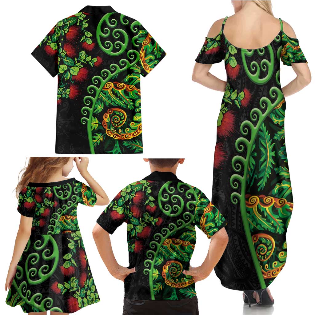 New Zealand Koru Plants and Pohutukawa Family Matching Summer Maxi Dress and Hawaiian Shirt Maori Tattoo Pattern LT03 - Polynesian Pride