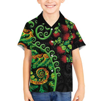 New Zealand Koru Plants and Pohutukawa Family Matching Summer Maxi Dress and Hawaiian Shirt Maori Tattoo Pattern LT03 Son's Shirt Black - Polynesian Pride