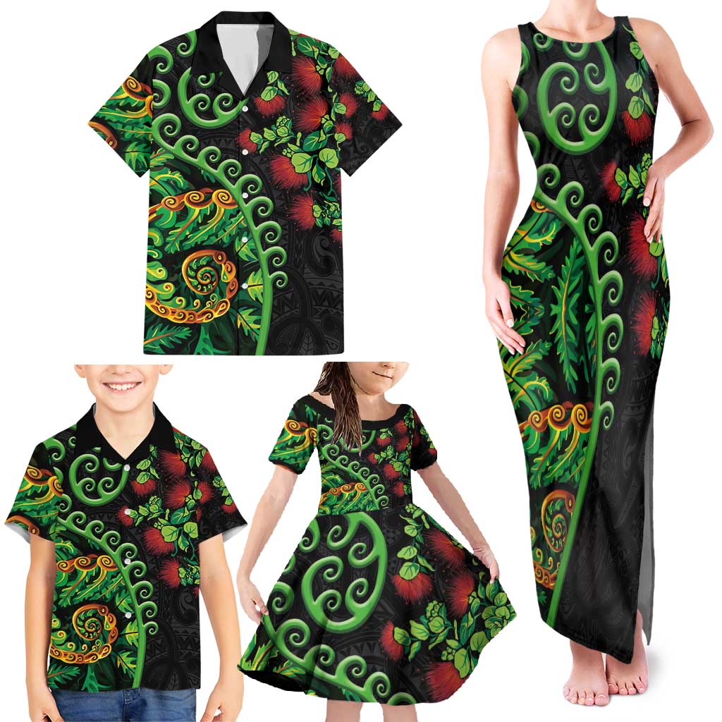 New Zealand Koru Plants and Pohutukawa Family Matching Tank Maxi Dress and Hawaiian Shirt Maori Tattoo Pattern LT03 - Polynesian Pride