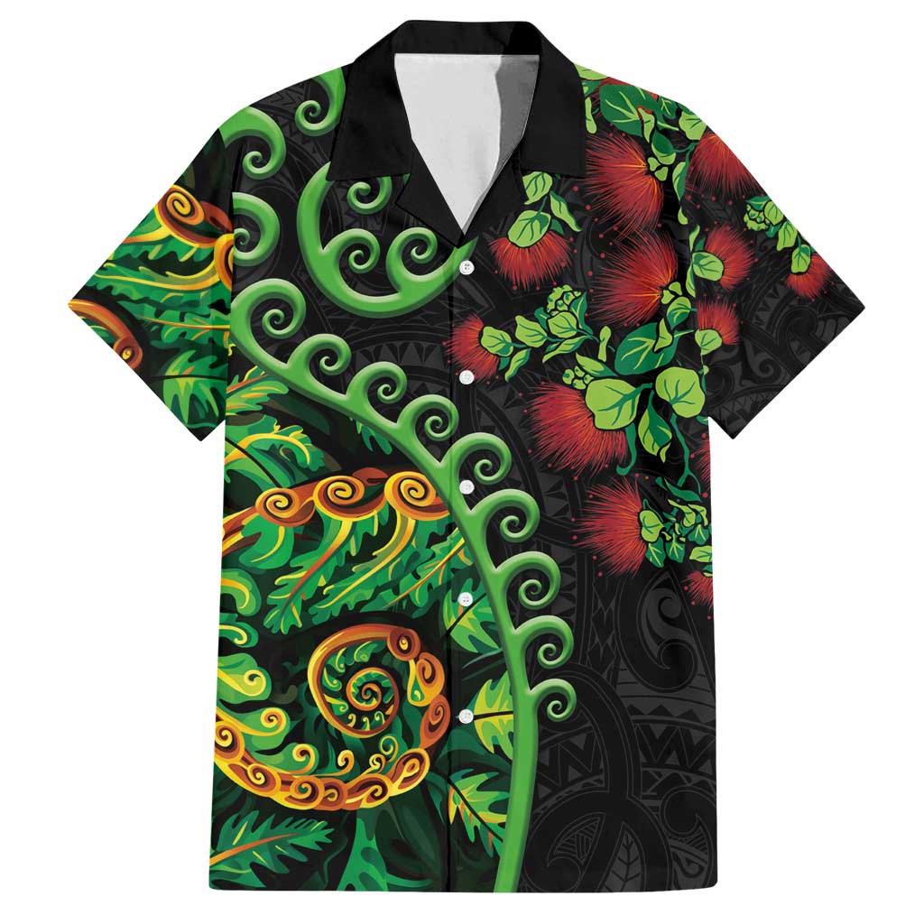 New Zealand Koru Plants and Pohutukawa Family Matching Tank Maxi Dress and Hawaiian Shirt Maori Tattoo Pattern LT03 Dad's Shirt - Short Sleeve Black - Polynesian Pride