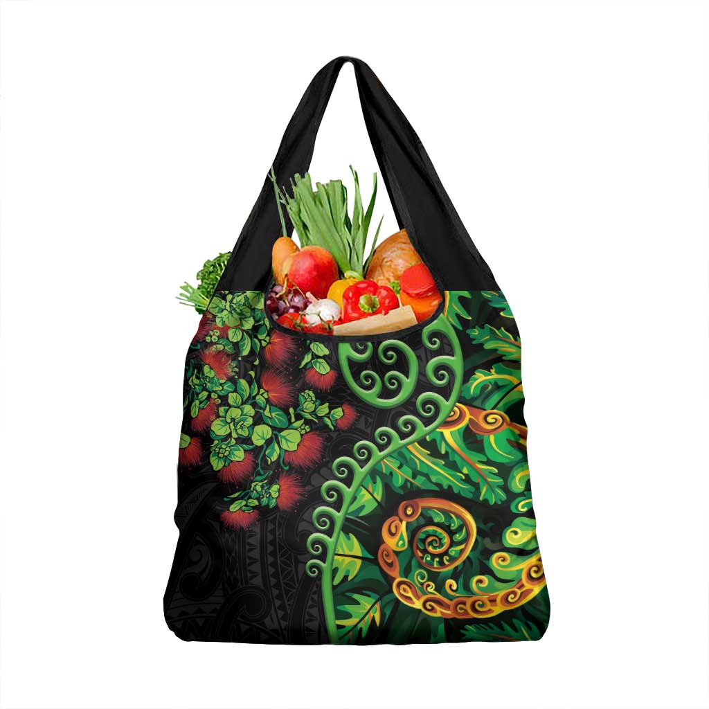 New Zealand Koru Plants and Pohutukawa Grocery Bag Maori Tattoo Pattern LT03 1-pack One Size Black - Polynesian Pride