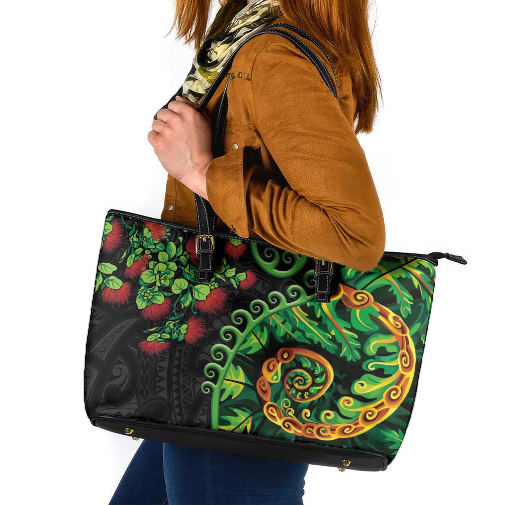 New Zealand Koru Plants and Pohutukawa Leather Tote Bag Maori Tattoo Pattern LT03 Black - Polynesian Pride