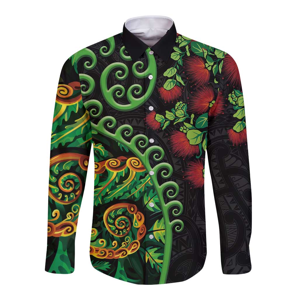 New Zealand Koru Plants and Pohutukawa Long Sleeve Button Shirt Maori Tattoo Pattern LT03 Unisex Black - Polynesian Pride