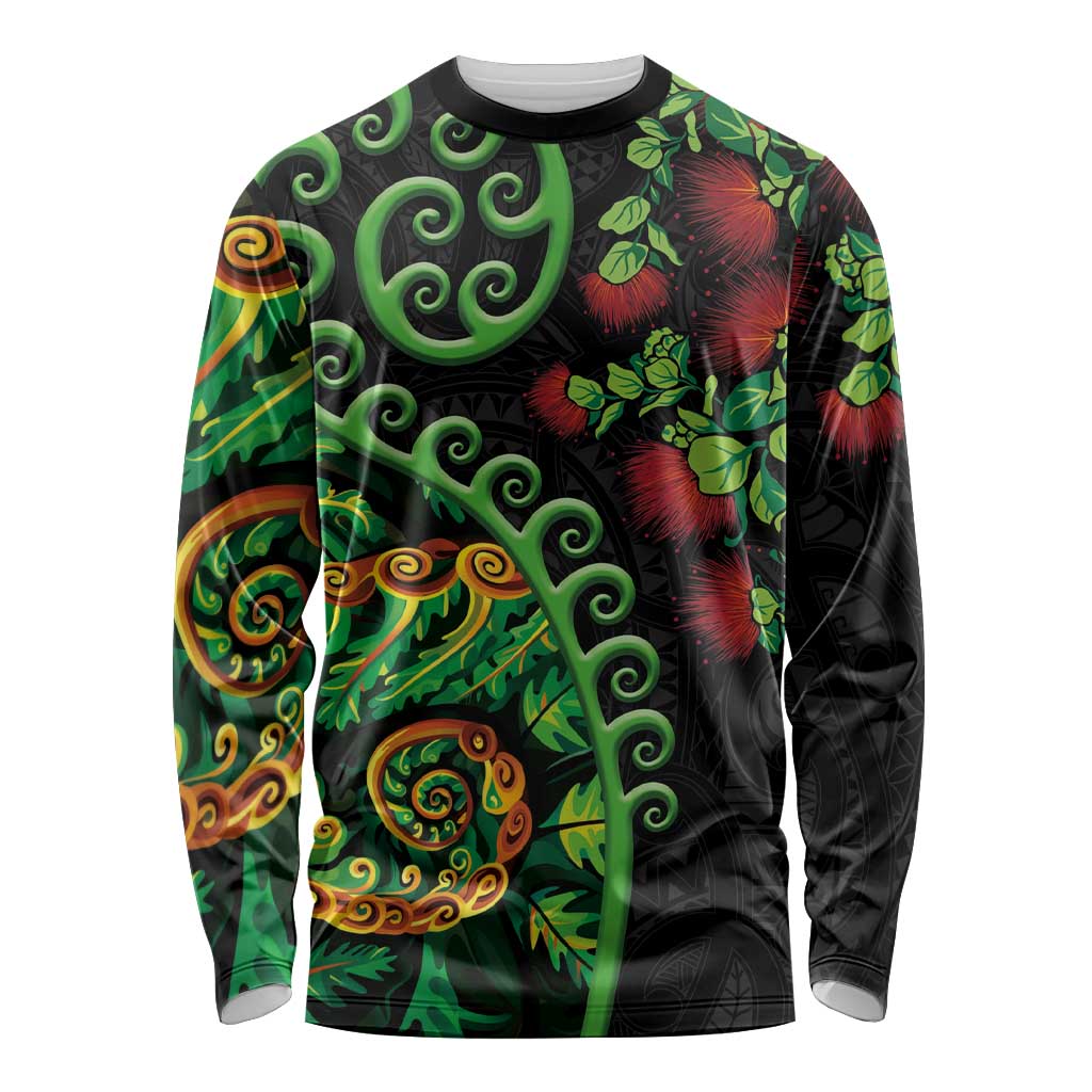 New Zealand Koru Plants and Pohutukawa Long Sleeve Shirt Maori Tattoo Pattern LT03 Unisex Black - Polynesian Pride