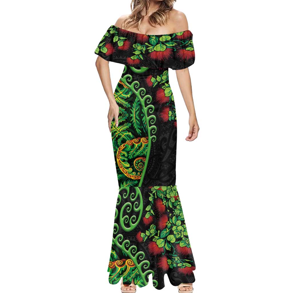 New Zealand Koru Plants and Pohutukawa Mermaid Dress Maori Tattoo Pattern