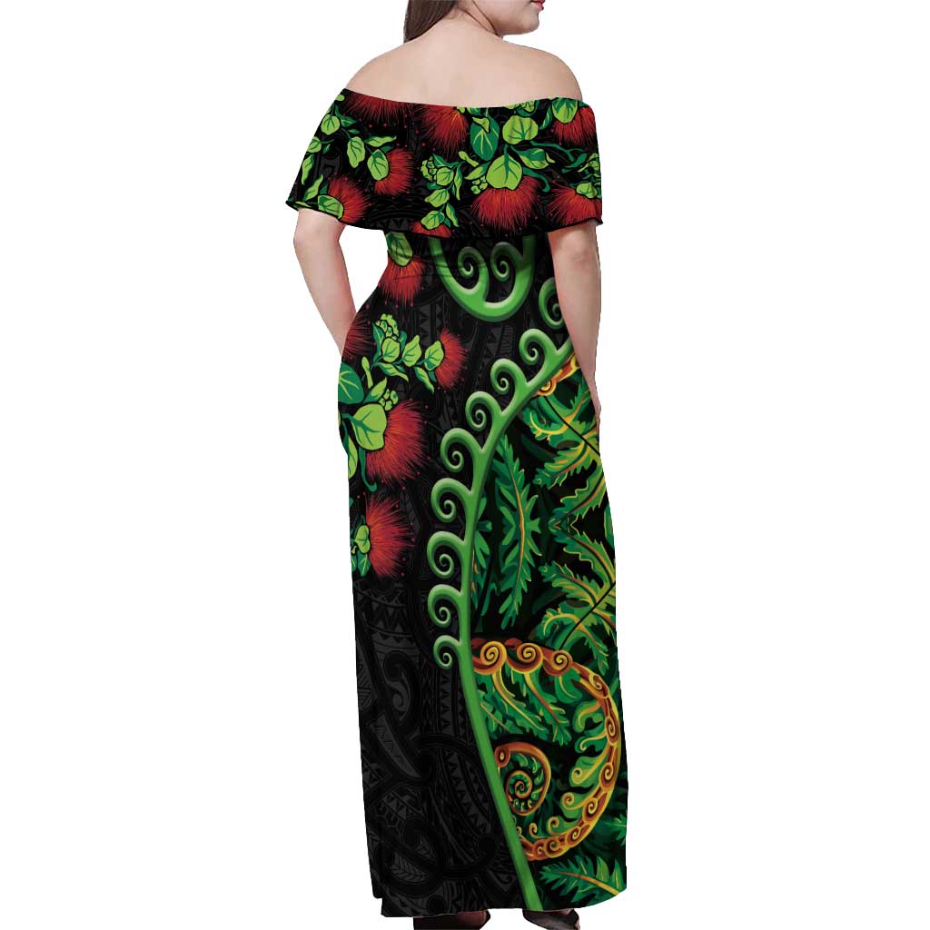New Zealand Koru Plants and Pohutukawa Off Shoulder Maxi Dress Maori Tattoo Pattern
