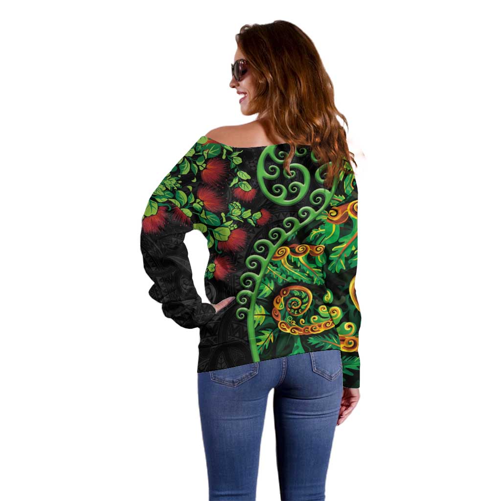 New Zealand Koru Plants and Pohutukawa Off Shoulder Sweater Maori Tattoo Pattern