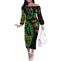 New Zealand Koru Plants and Pohutukawa Off The Shoulder Long Sleeve Dress Maori Tattoo Pattern