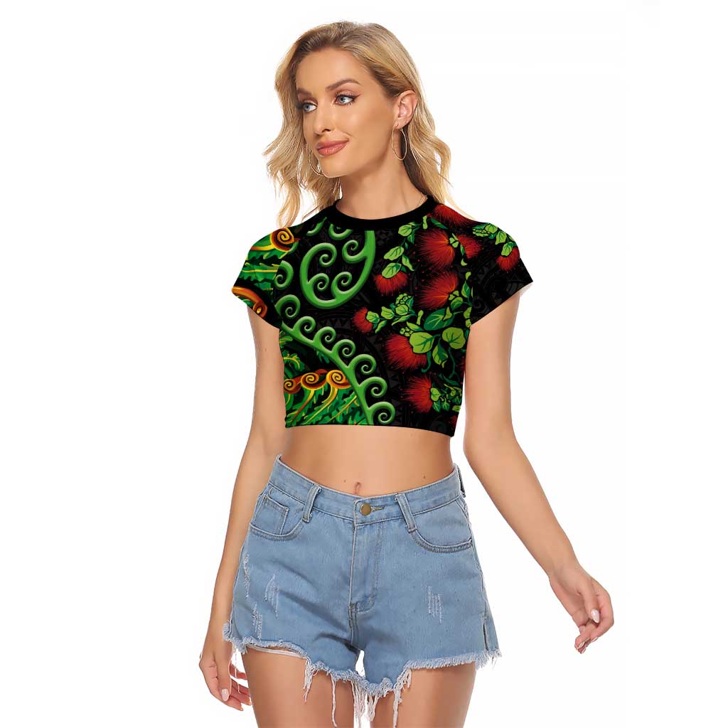 New Zealand Koru Plants and Pohutukawa Raglan Cropped T Shirt Maori Tattoo Pattern LT03 Female Black - Polynesian Pride