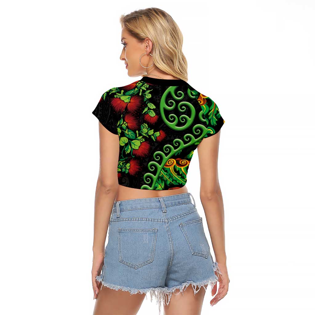 New Zealand Koru Plants and Pohutukawa Raglan Cropped T Shirt Maori Tattoo Pattern LT03 - Polynesian Pride