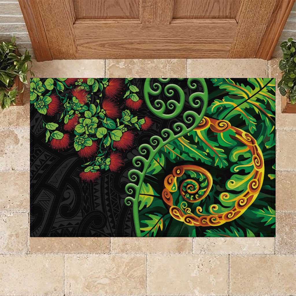 New Zealand Koru Plants and Pohutukawa Rubber Doormat Maori Tattoo Pattern LT03 Black - Polynesian Pride