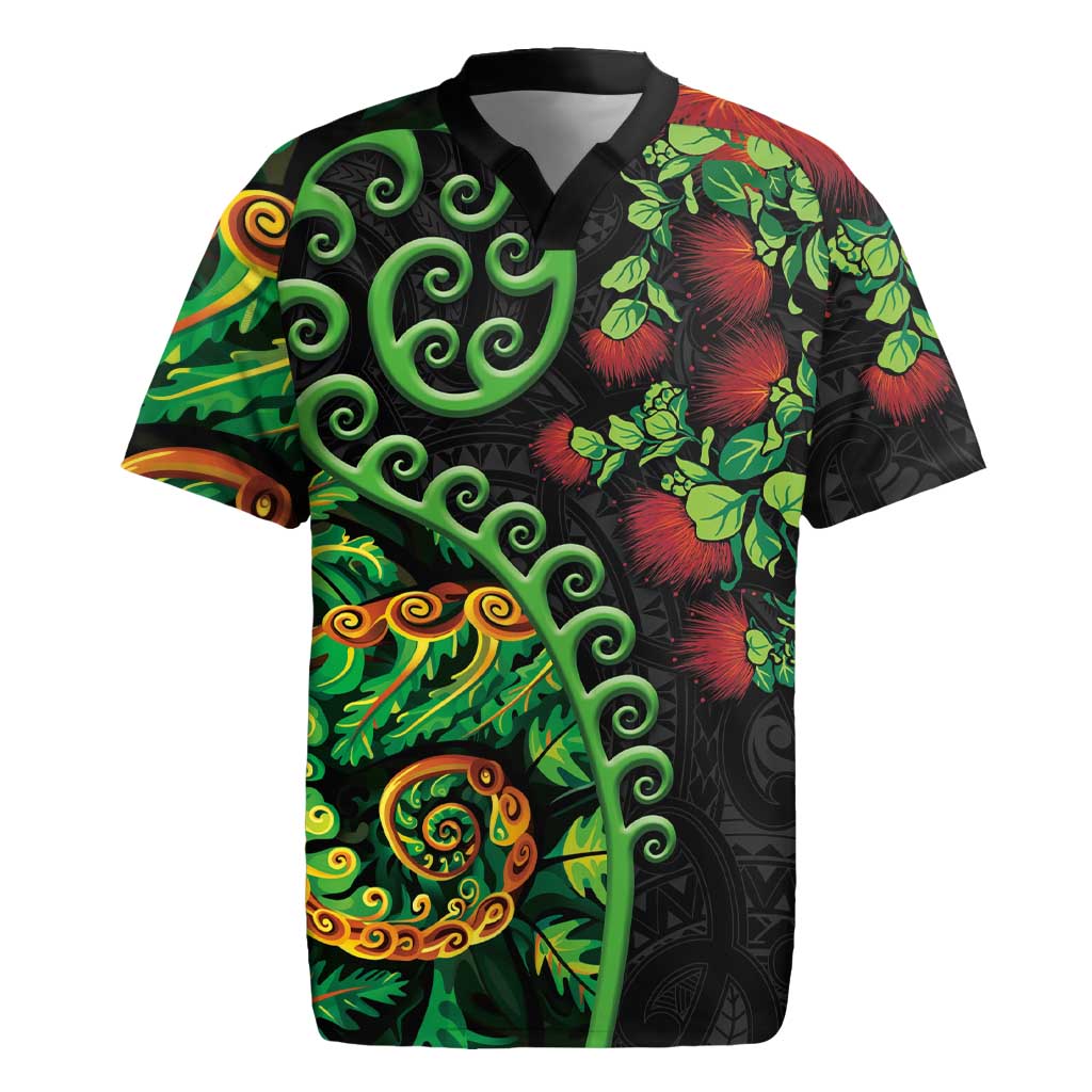 New Zealand Koru Plants and Pohutukawa Rugby Jersey Maori Tattoo Pattern LT03 Black - Polynesian Pride