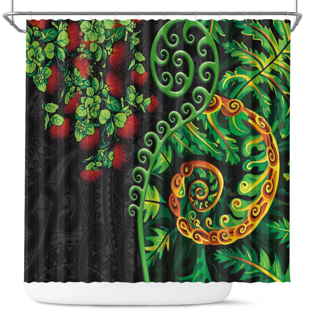 New Zealand Koru Plants and Pohutukawa Shower Curtain Maori Tattoo Pattern