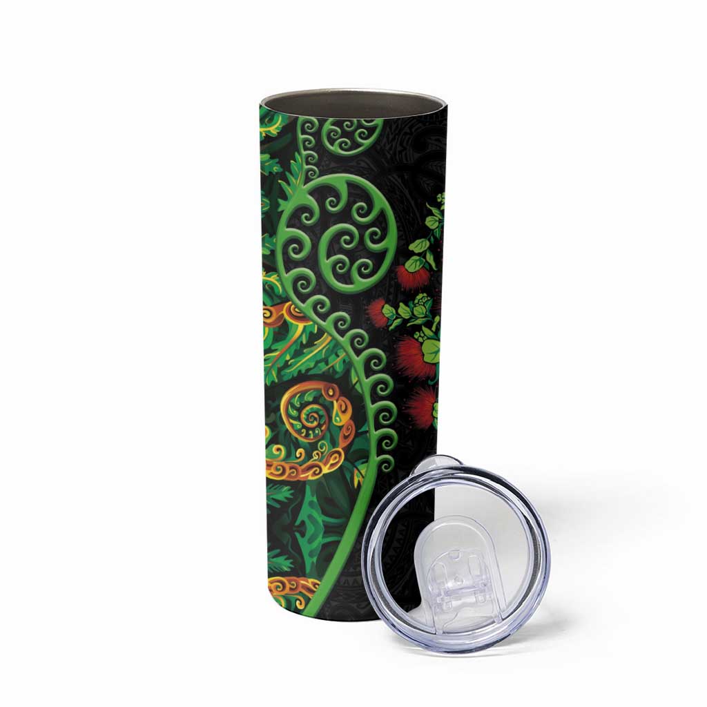 New Zealand Koru Plants and Pohutukawa Skinny Tumbler Maori Tattoo Pattern LT03 - Polynesian Pride