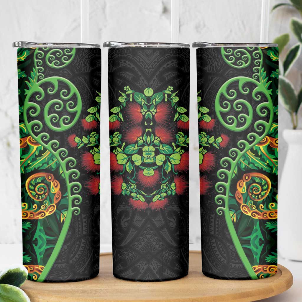 New Zealand Koru Plants and Pohutukawa Skinny Tumbler Maori Tattoo Pattern LT03 - Polynesian Pride