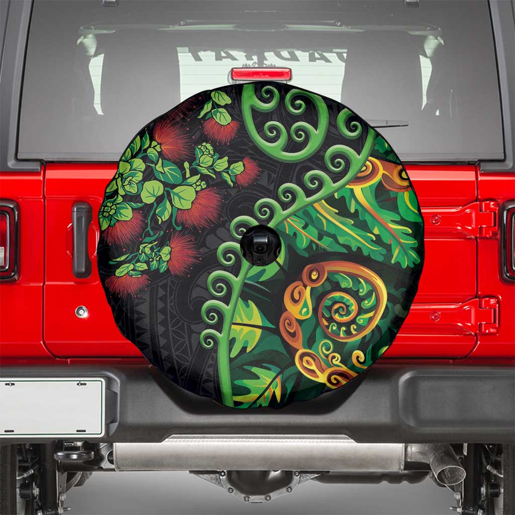 New Zealand Koru Plants and Pohutukawa Spare Tire Cover Maori Tattoo Pattern