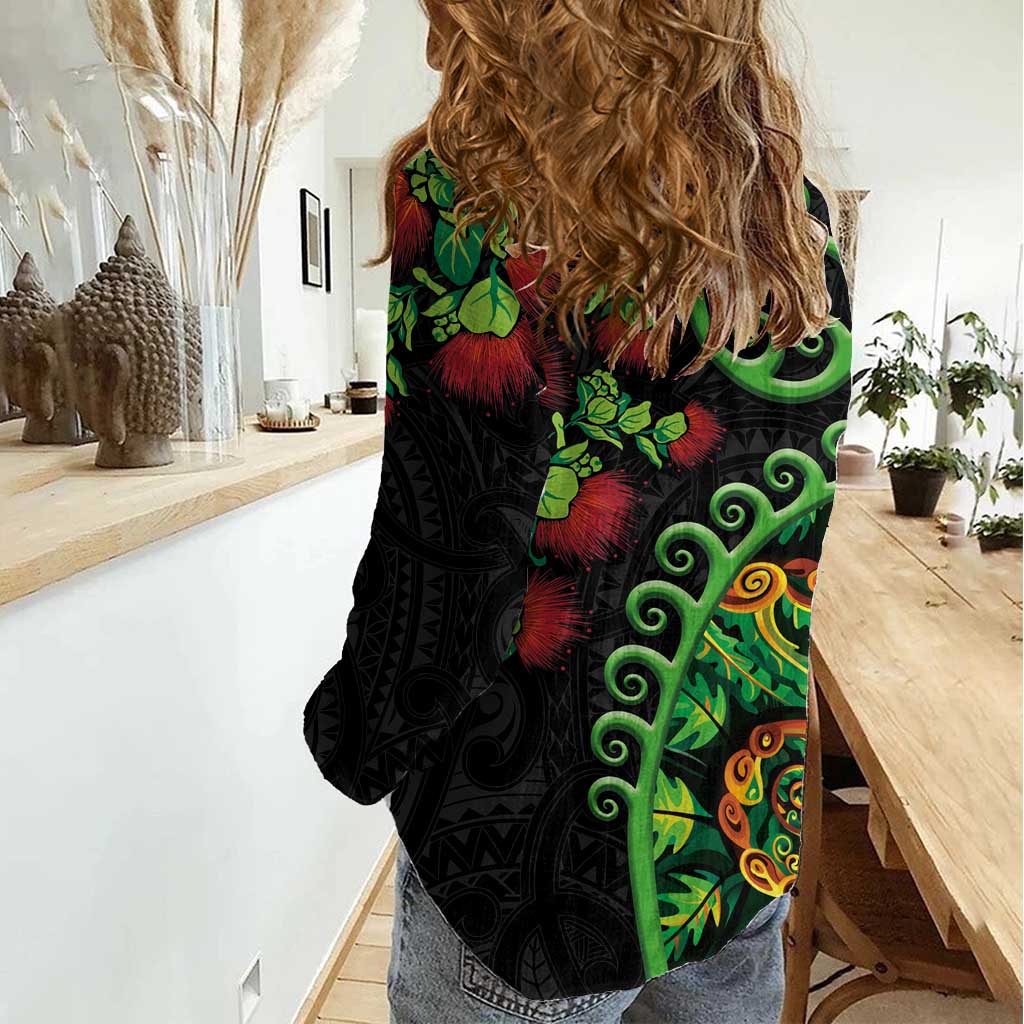 New Zealand Koru Plants and Pohutukawa Women Casual Shirt Maori Tattoo Pattern LT03 - Polynesian Pride