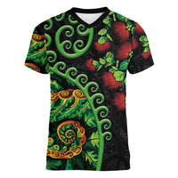 New Zealand Koru Plants and Pohutukawa Women V-Neck T-Shirt Maori Tattoo Pattern LT03 Female Black - Polynesian Pride