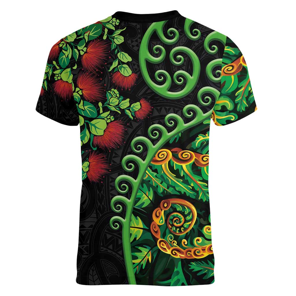 New Zealand Koru Plants and Pohutukawa Women V-Neck T-Shirt Maori Tattoo Pattern LT03 - Polynesian Pride