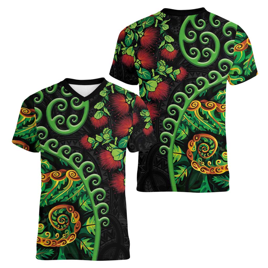 New Zealand Koru Plants and Pohutukawa Women V-Neck T-Shirt Maori Tattoo Pattern LT03 - Polynesian Pride