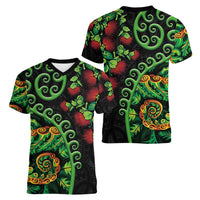 New Zealand Koru Plants and Pohutukawa Women V-Neck T-Shirt Maori Tattoo Pattern LT03 - Polynesian Pride