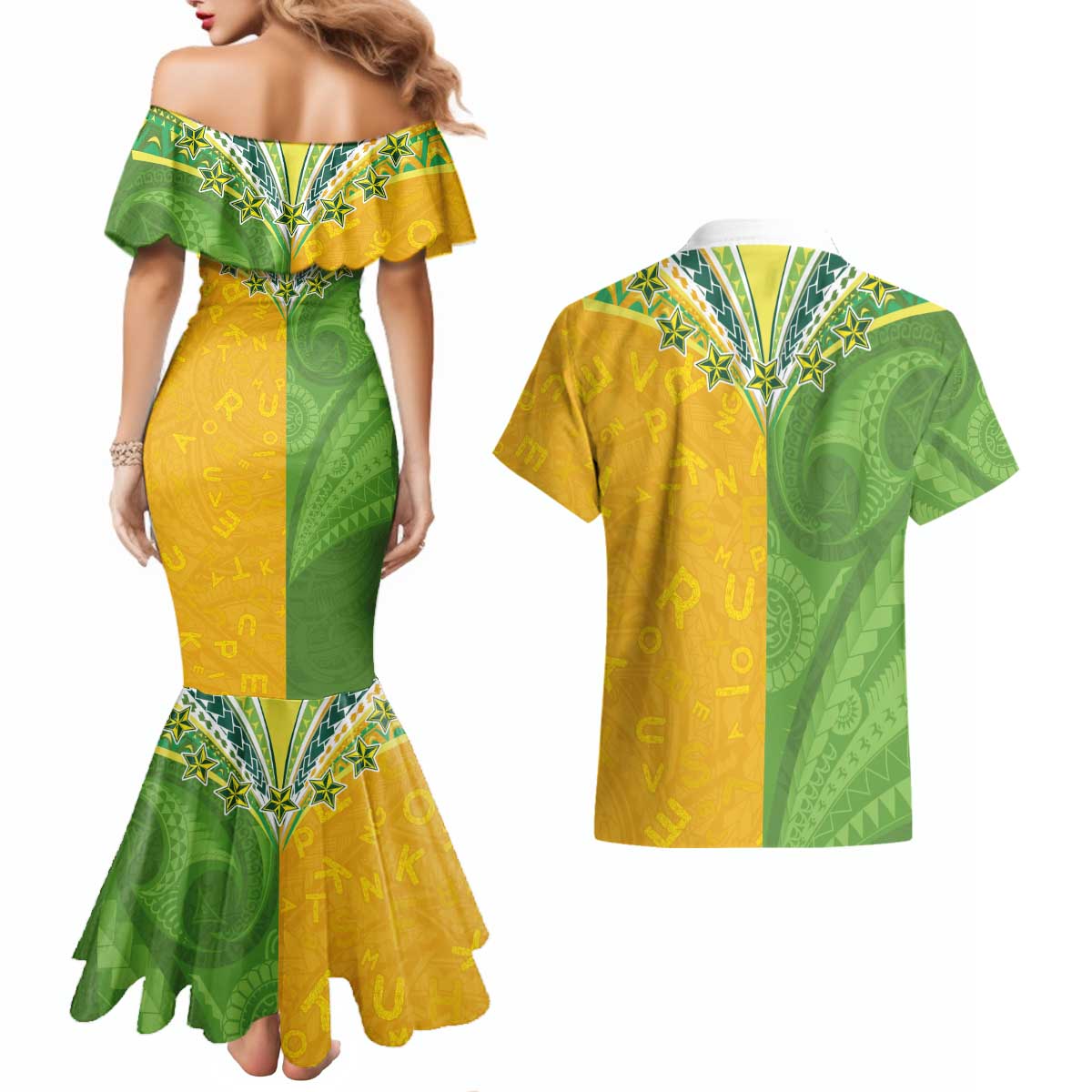 Cook Islands Language Week Couples Matching Mermaid Dress and Hawaiian Shirt Tatau Pattern and Rarotongan Alphabet - Polynesian Pride