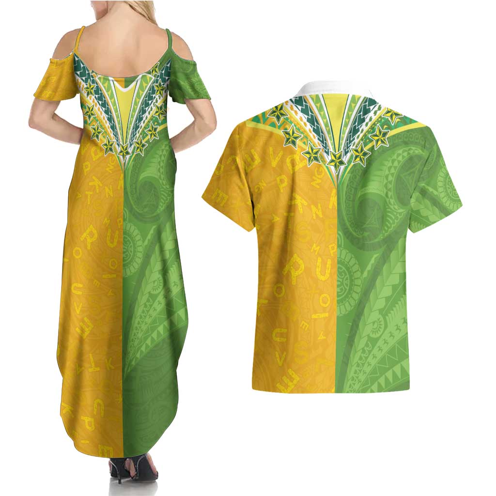 Cook Islands Language Week Couples Matching Summer Maxi Dress and Hawaiian Shirt Tatau Pattern and Rarotongan Alphabet - Polynesian Pride