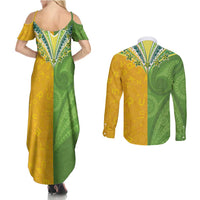 Cook Islands Language Week Couples Matching Summer Maxi Dress and Long Sleeve Button Shirt Tatau Pattern and Rarotongan Alphabet - Polynesian Pride