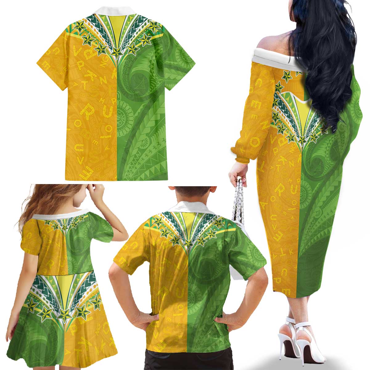 Cook Islands Language Week Family Matching Off The Shoulder Long Sleeve Dress and Hawaiian Shirt Tatau Pattern and Rarotongan Alphabet - Polynesian Pride