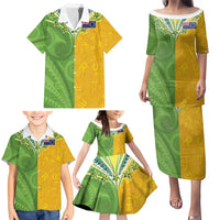 Cook Islands Language Week Family Matching Puletasi and Hawaiian Shirt Tatau Pattern and Rarotongan Alphabet - Polynesian Pride