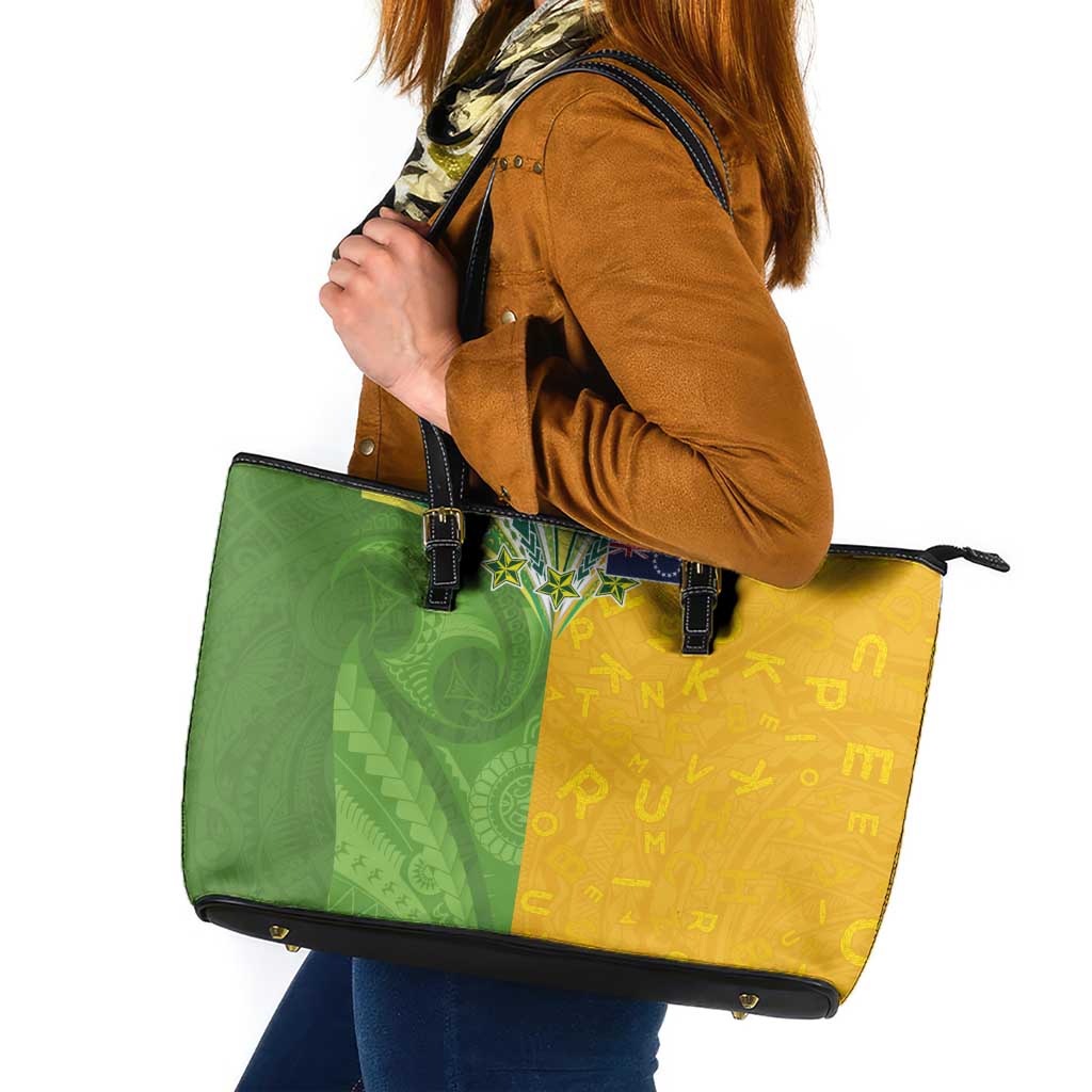 Cook Islands Language Week Leather Tote Bag Tatau Pattern and Rarotongan Alphabet - Polynesian Pride