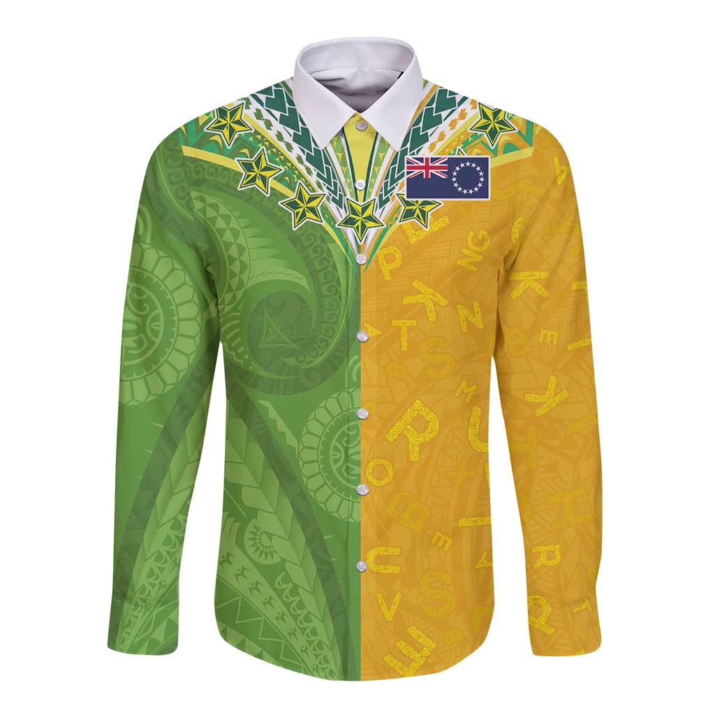 Cook Islands Language Week Long Sleeve Button Shirt Tatau Pattern and Rarotongan Alphabet - Polynesian Pride