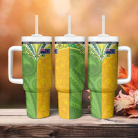 Cook Islands Language Week Tumbler With Handle Tatau Pattern and Rarotongan Alphabet - Polynesian Pride