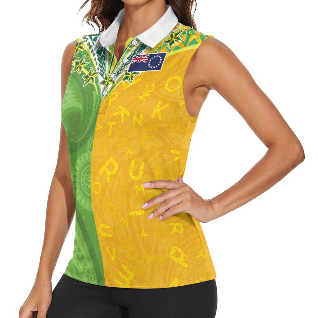 Cook Islands Language Week Women Sleeveless Polo Shirt Tatau Pattern and Rarotongan Alphabet - Polynesian Pride