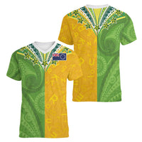 Cook Islands Language Week Women V-Neck T-Shirt Tatau Pattern and Rarotongan Alphabet - Polynesian Pride