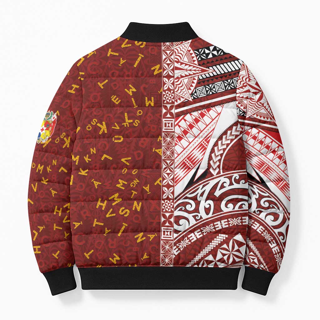 Tonga Language Week Bomber Puffer Jacket Ngatu Pattern and Tongan Alphabet - Polynesian Pride