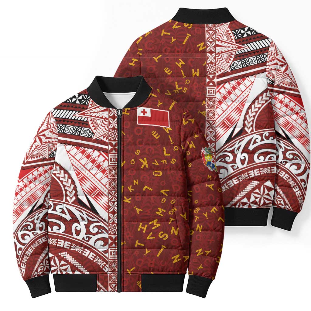 Tonga Language Week Bomber Puffer Jacket Ngatu Pattern and Tongan Alphabet - Polynesian Pride