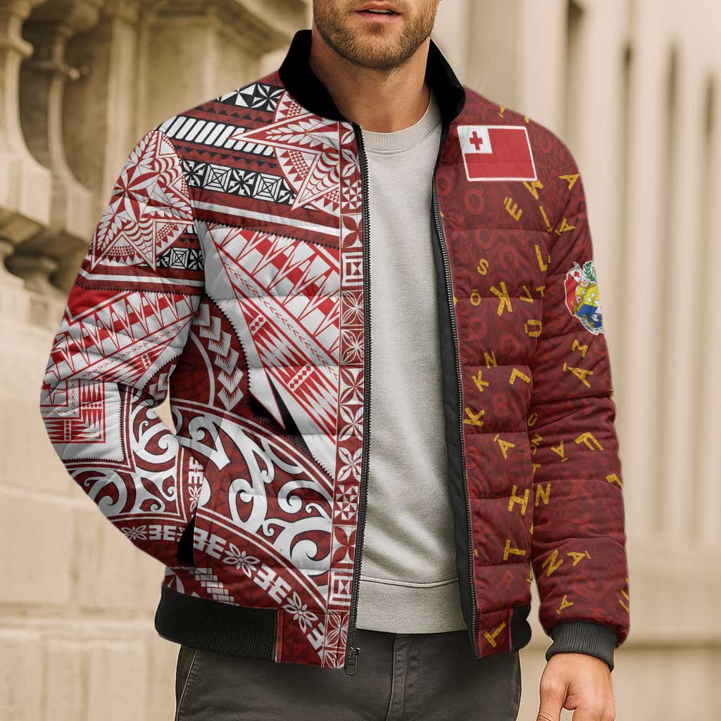 Tonga Language Week Bomber Puffer Jacket Ngatu Pattern and Tongan Alphabet - Polynesian Pride