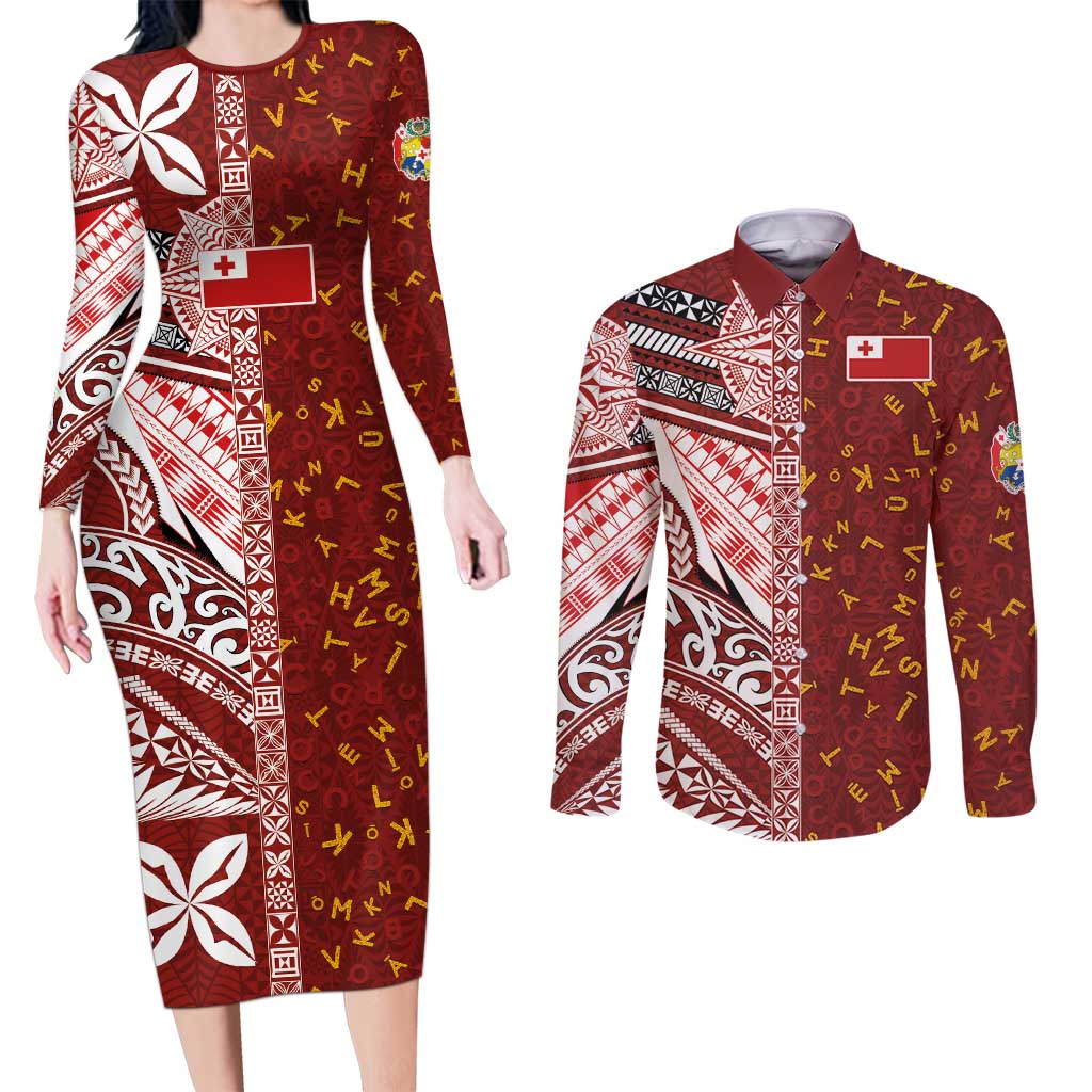 Tonga Language Week Couples Matching Long Sleeve Bodycon Dress and Long Sleeve Button Shirt Ngatu Pattern and Tongan Alphabet - Polynesian Pride