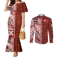 Tonga Language Week Couples Matching Mermaid Dress and Long Sleeve Button Shirt Ngatu Pattern and Tongan Alphabet - Polynesian Pride